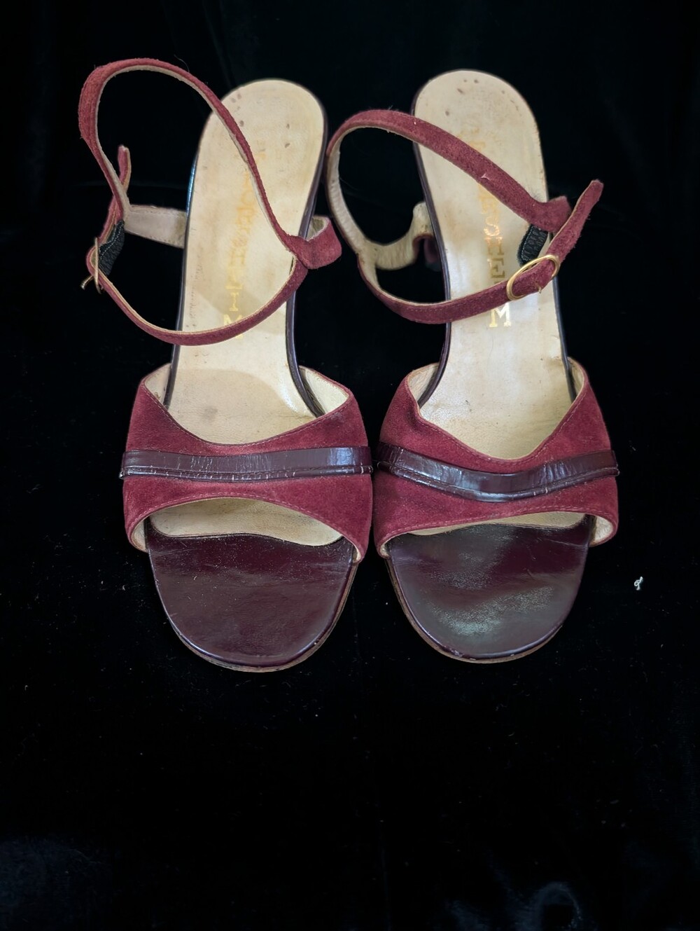 Florsheim Burgundy Suede Open-Toe Strap Heels